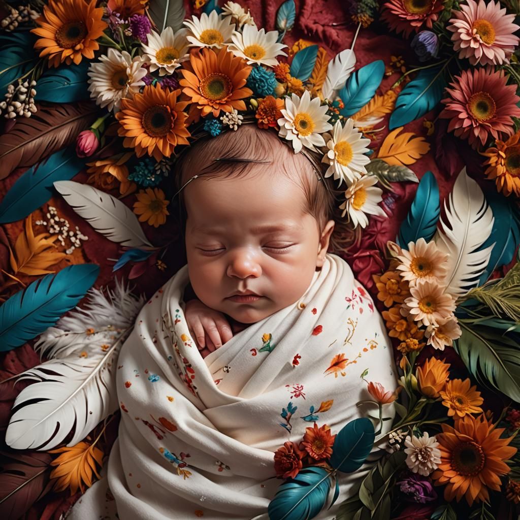 Newborn Baby Girl Surrounded by Flowers and Feathers