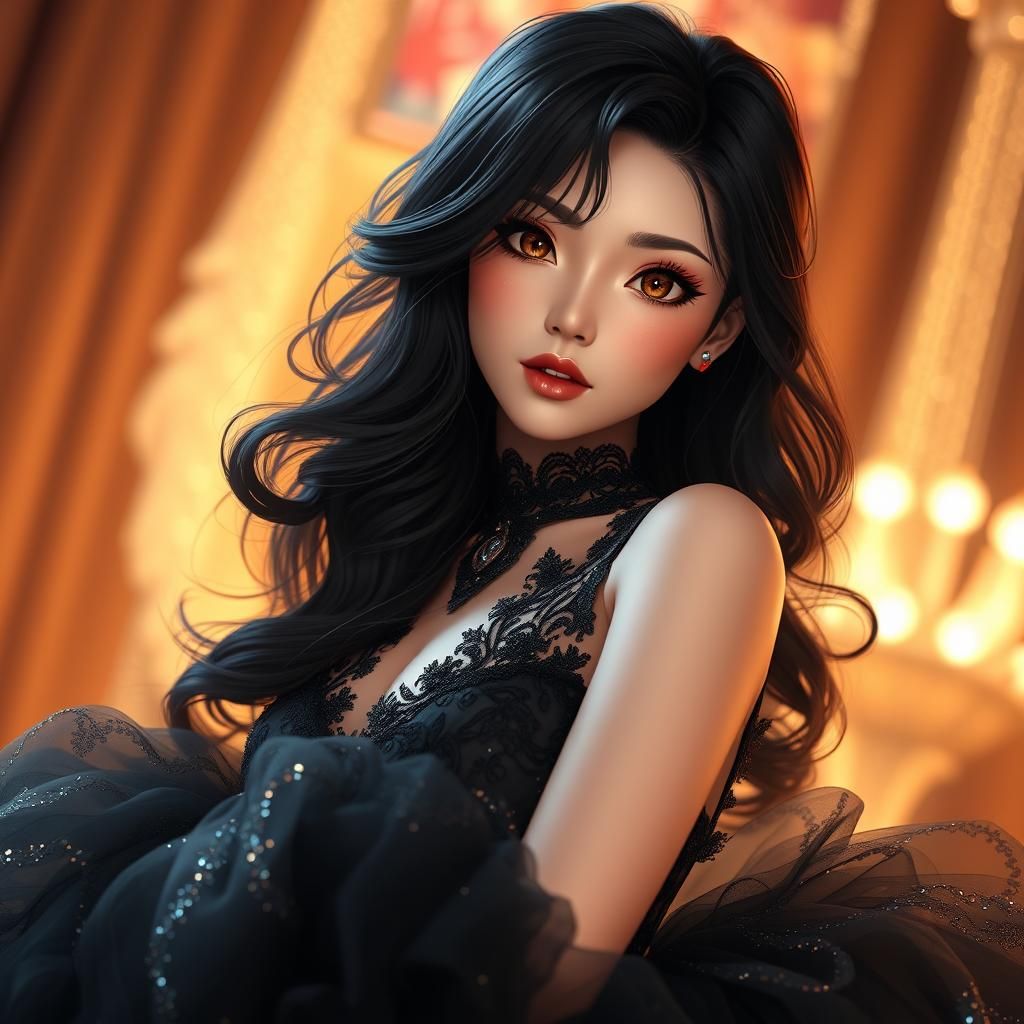 Stunning Woman in Sparkly Gown: 3D Anime Style