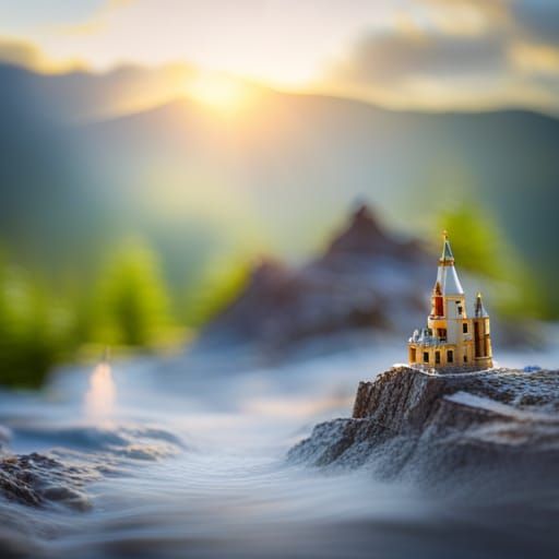 Miniature Lego Castle on Mountain with Bokeh