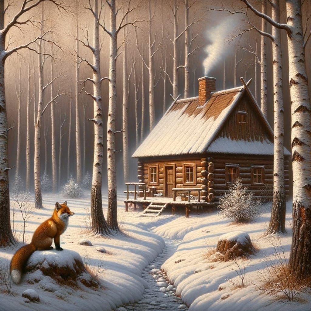 Cozy Winter Cabin Scene with Fox