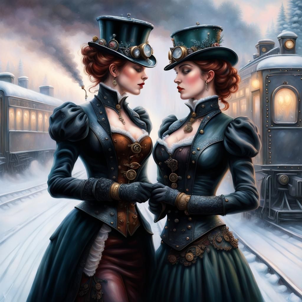 Steampunk Lovers Kissing in Winter Fantasy