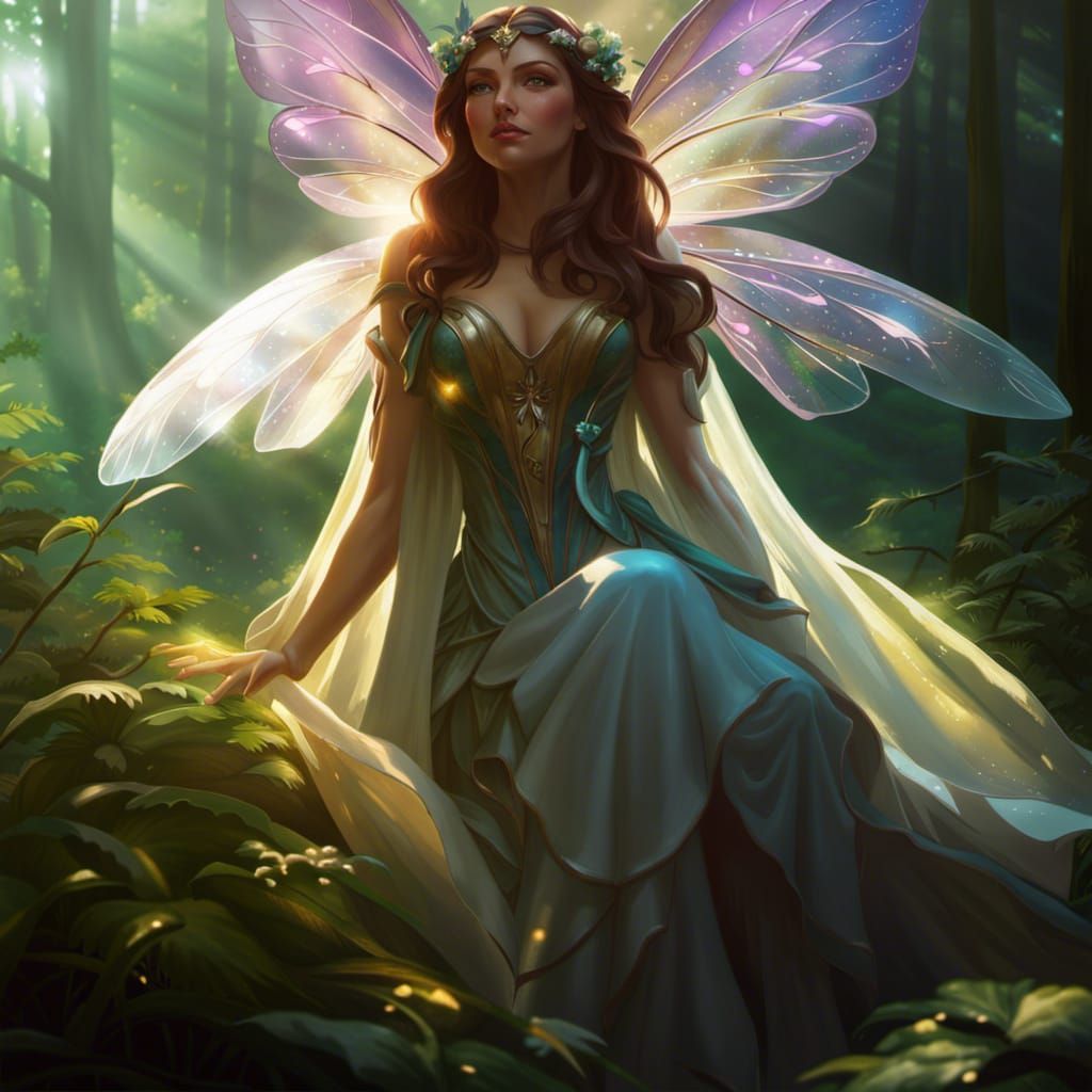 A fairy with glass wings. Forest garden.