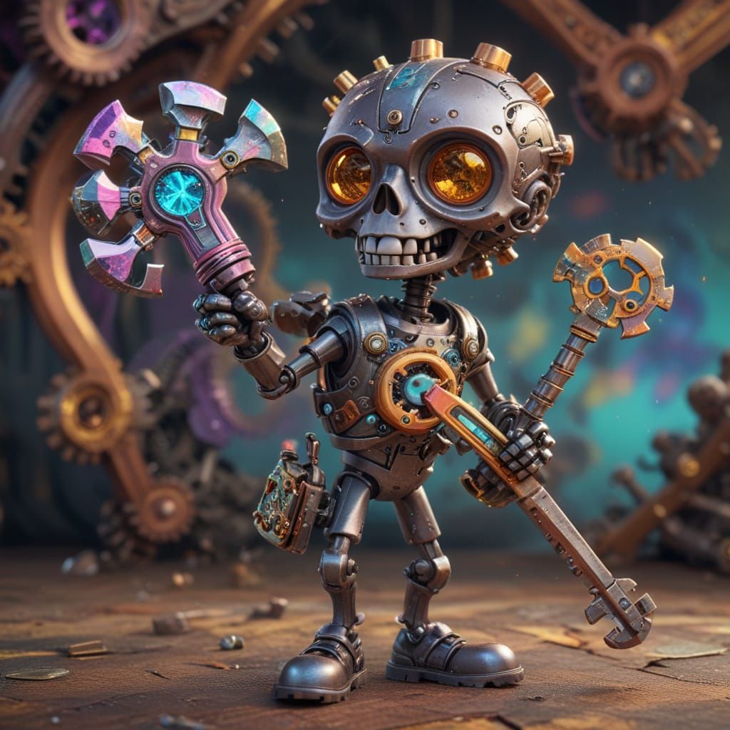 Steampunk Wrench Guardian Chases Mechanical Drill