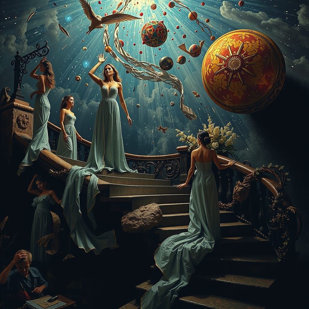 Elegant Women Ascend Celestial Staircase in Hyperrealistic S...