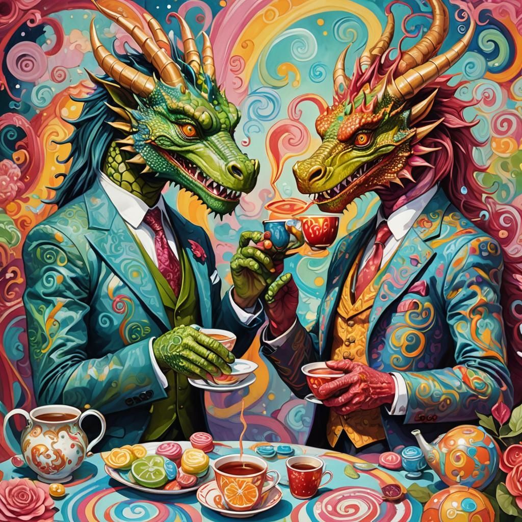 Dragons in Suits Sipping Tea in Wonderland