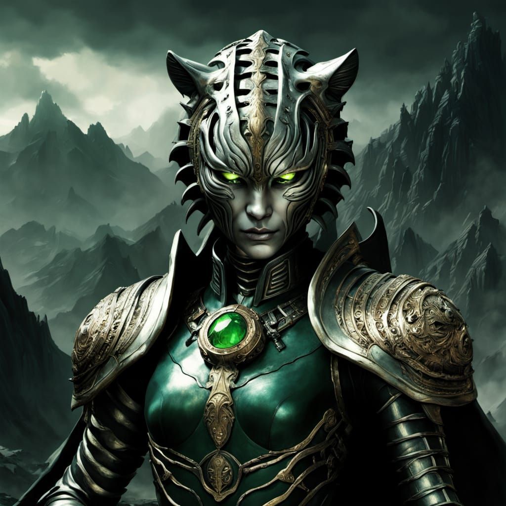 Surreal Tiger Warrior in Emerald Armor on Stormy Mountaintop