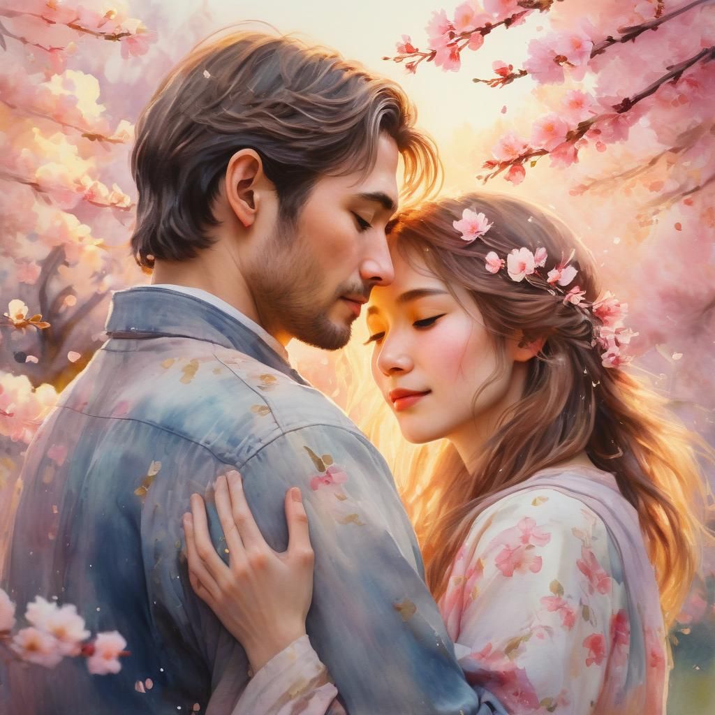 Romantic Couple Portrait in Watercolor Cherry Blossoms