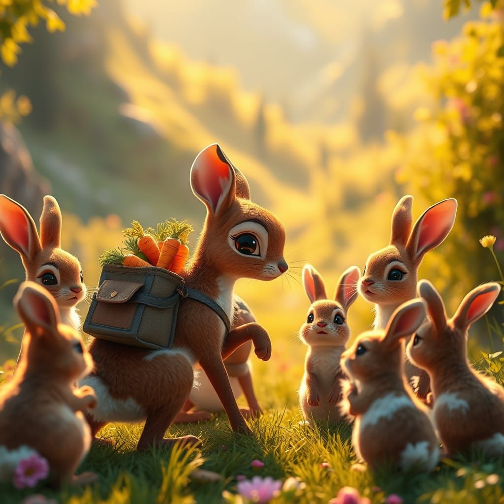 Joyful Rabbits Gather Around Bambi in a Vibrant Valley