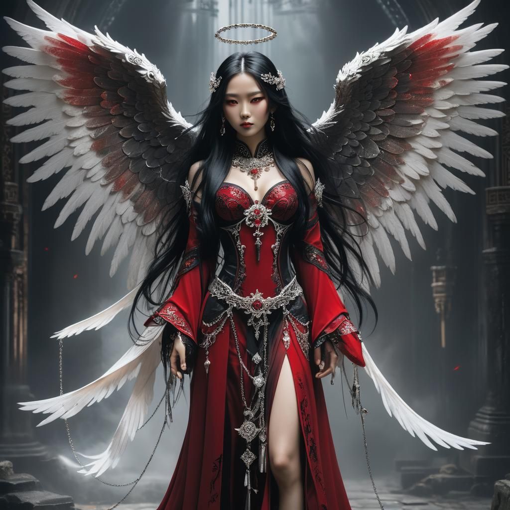 Gothic Angel: Asian Woman in Dark Fantasy 3D Anime