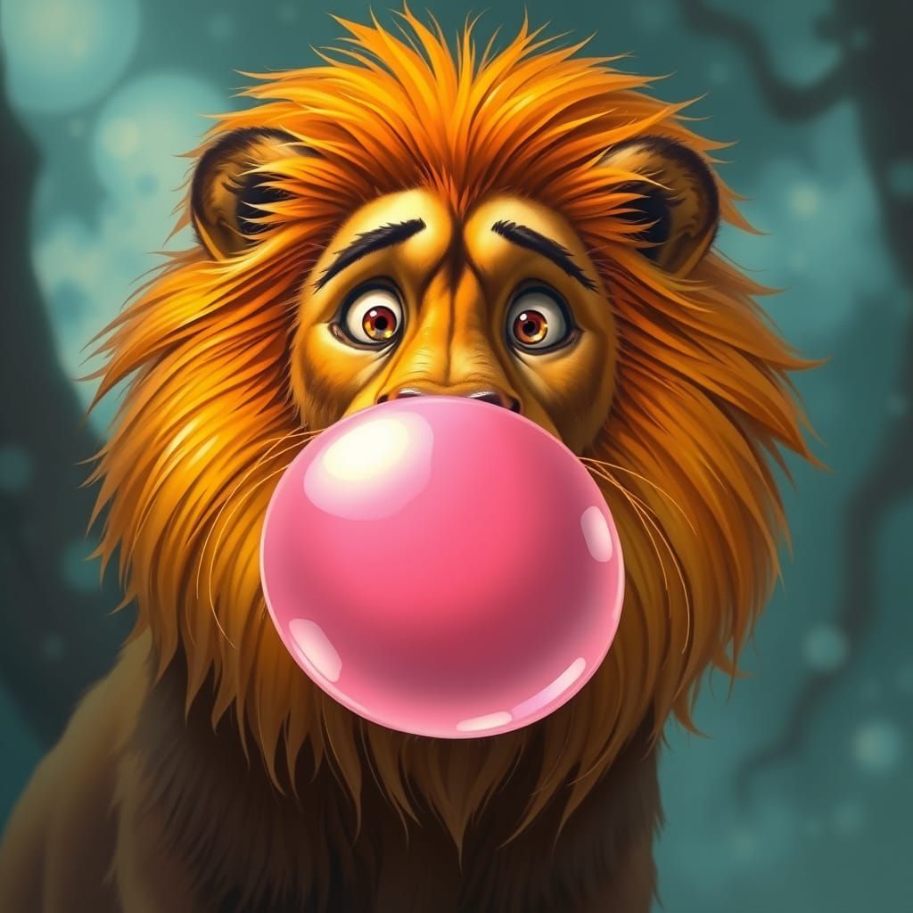 Majestic Lion Surprised by Whimsical Bubble Gum