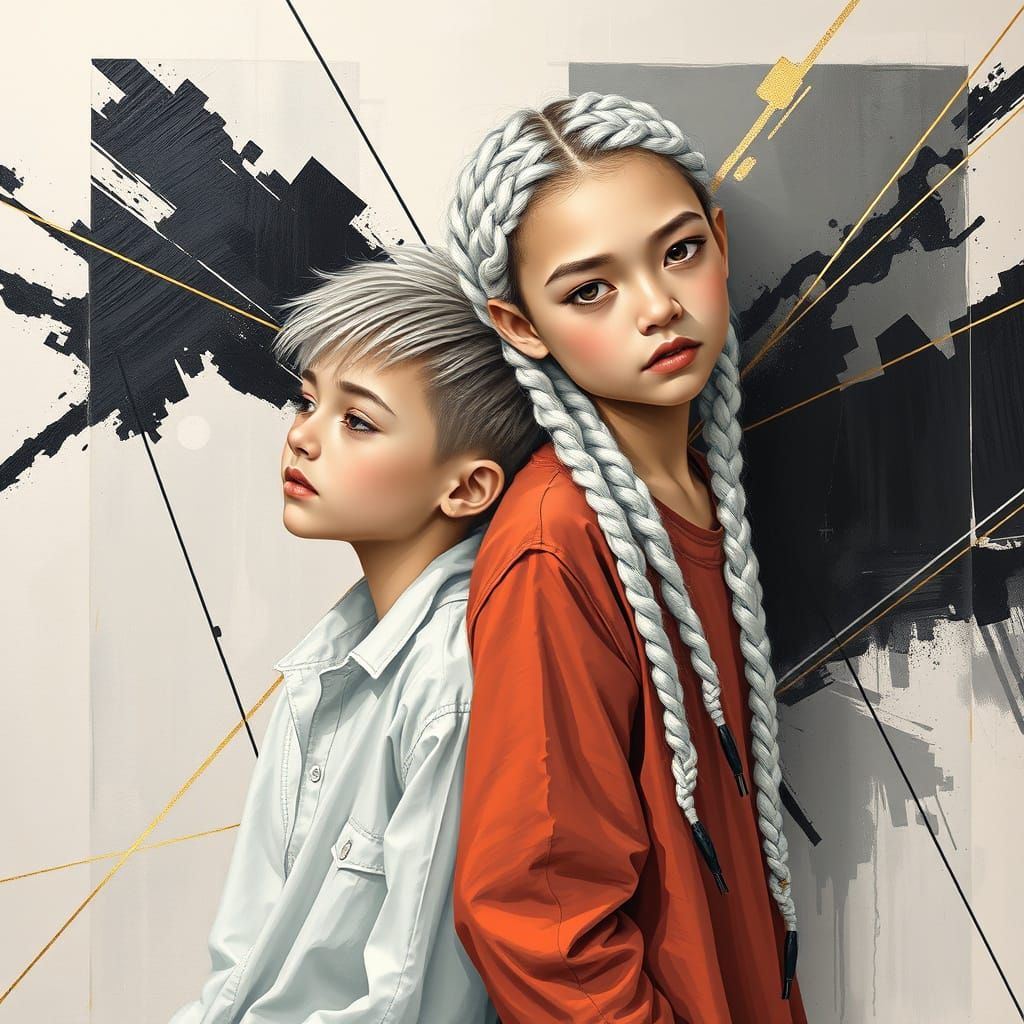 Surreal Youthful Duo Against Geometric Art