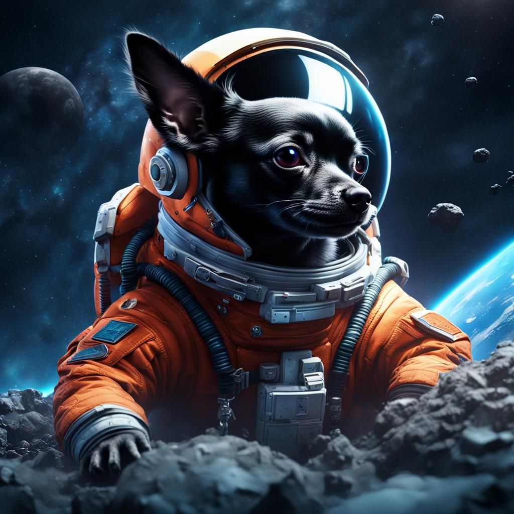 Chihuahua Astronaut Floating in Space: Detailed Matte Painti...