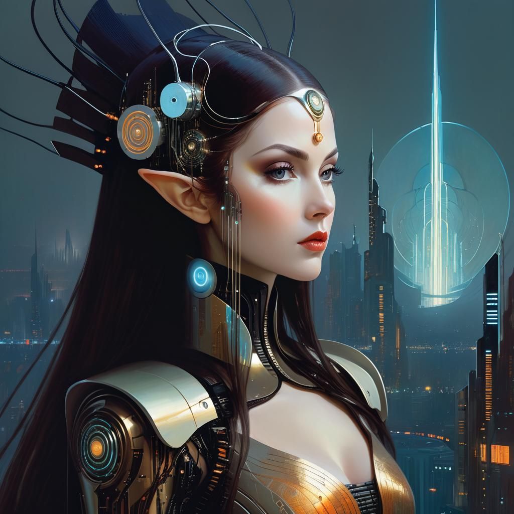 Futuristic Elf Cyborg Portrait in Klimt Style