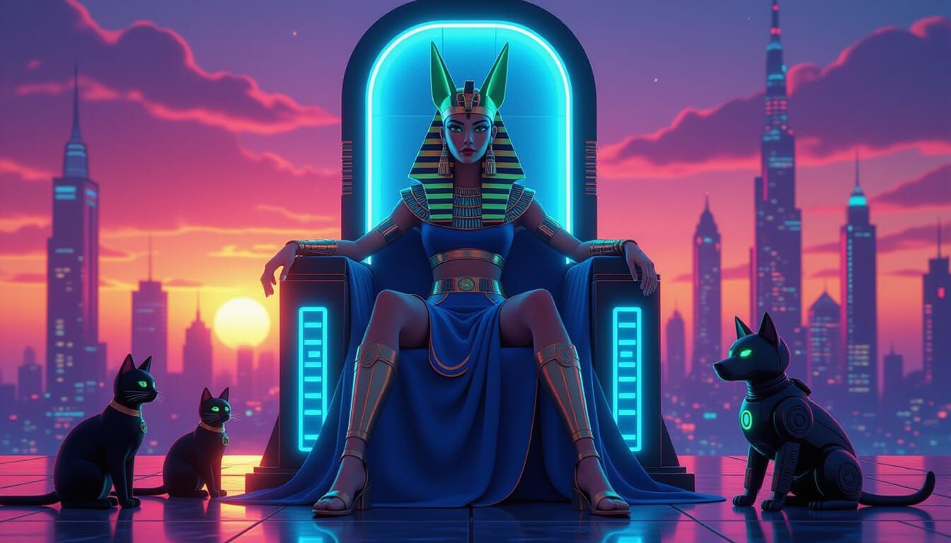 Egyptian Royalty in Cyberpunk Cityscape, 3D Digital Art