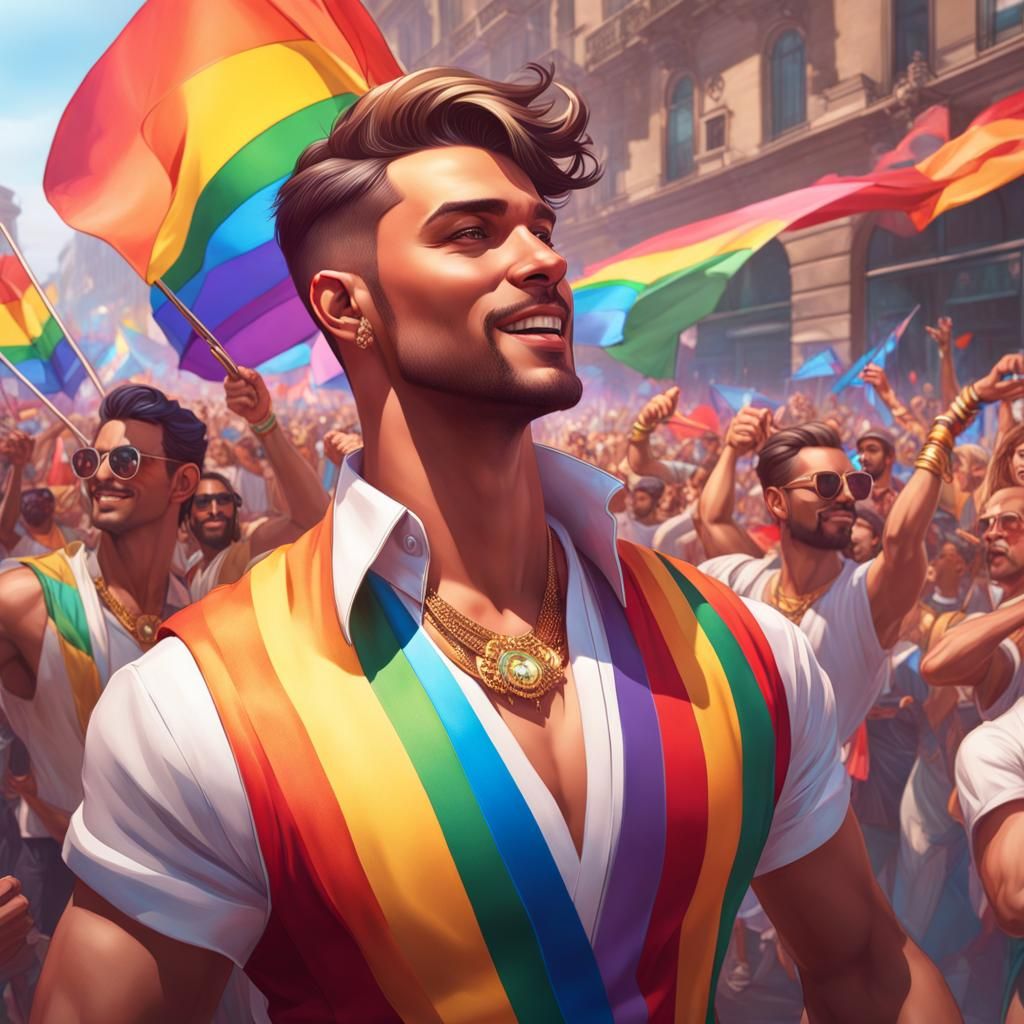 Handsome gay dancing at pride parade