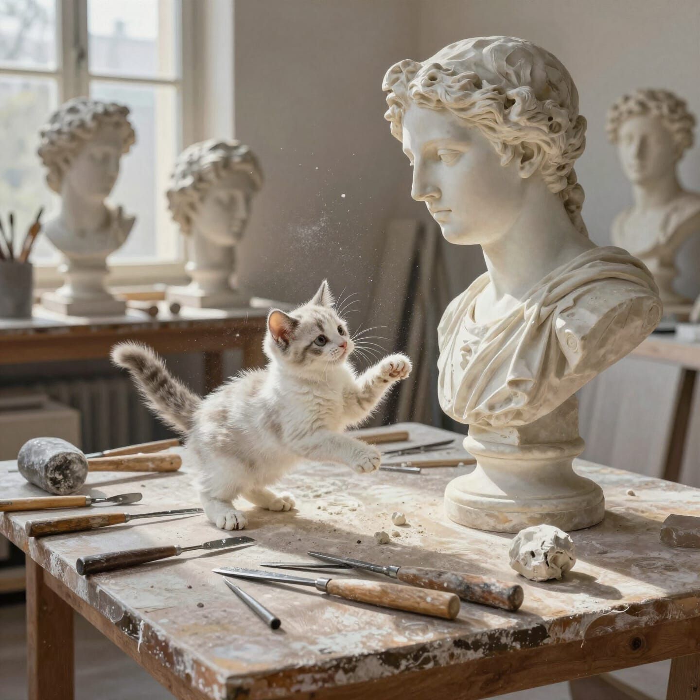 Enchanted Kitten Plays in Dusty Sculptor's Studio
