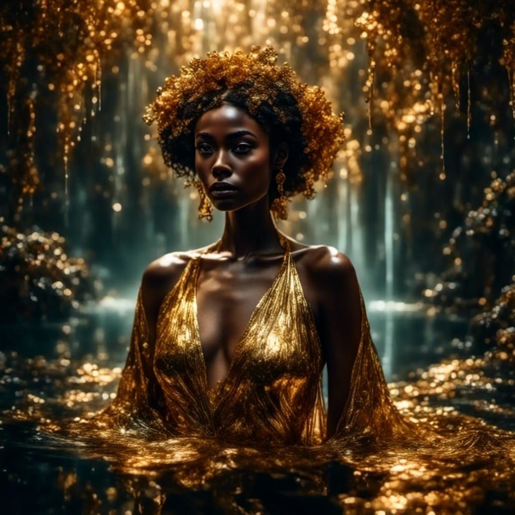 Black Woman in Gold Dress, Dark Fantasy Realism