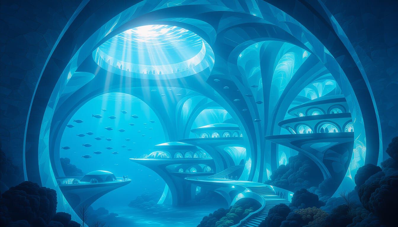 Crystalline Underwater City with Luminous Fish