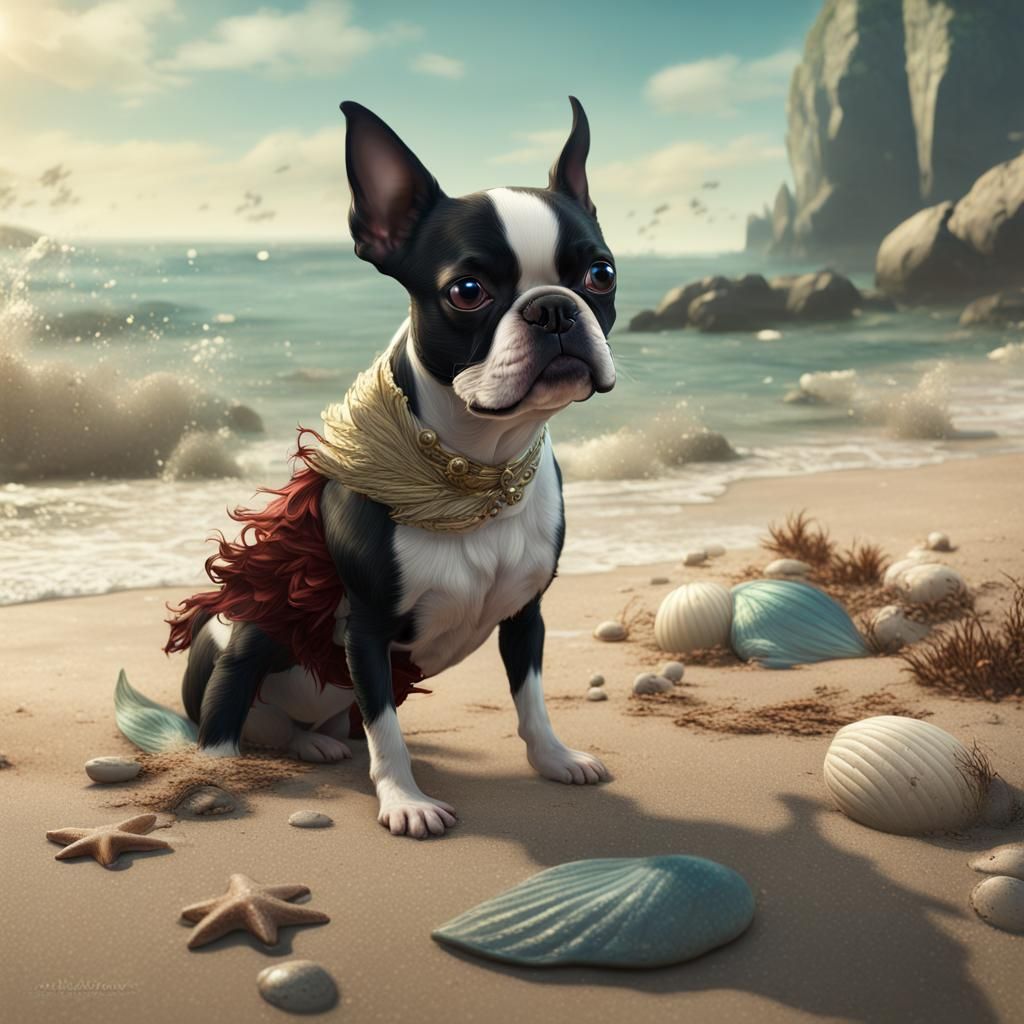 Boston Terrier Finds Mermaid on Beach