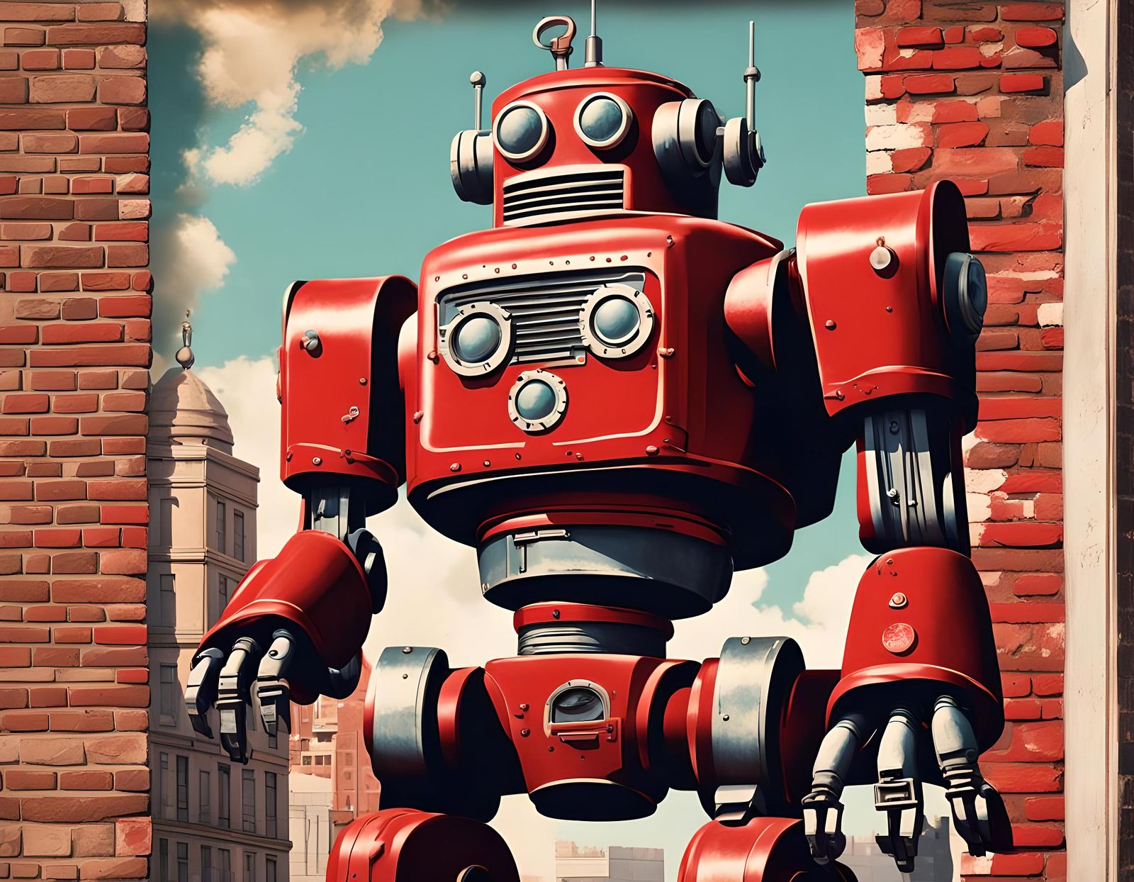 1950s Robot Propaganda Poster on Brick Wall