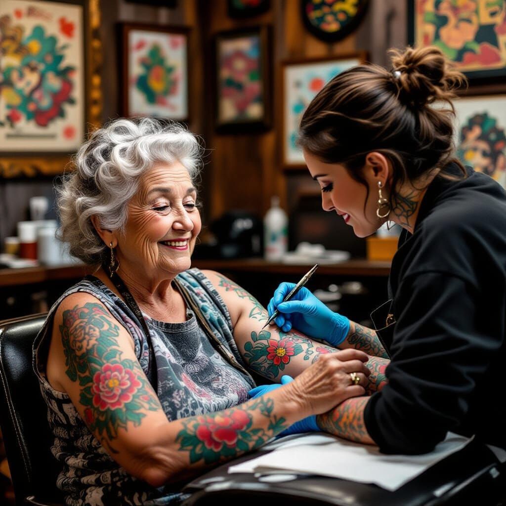 Older Woman Gets Tattoo in Surrealist Style