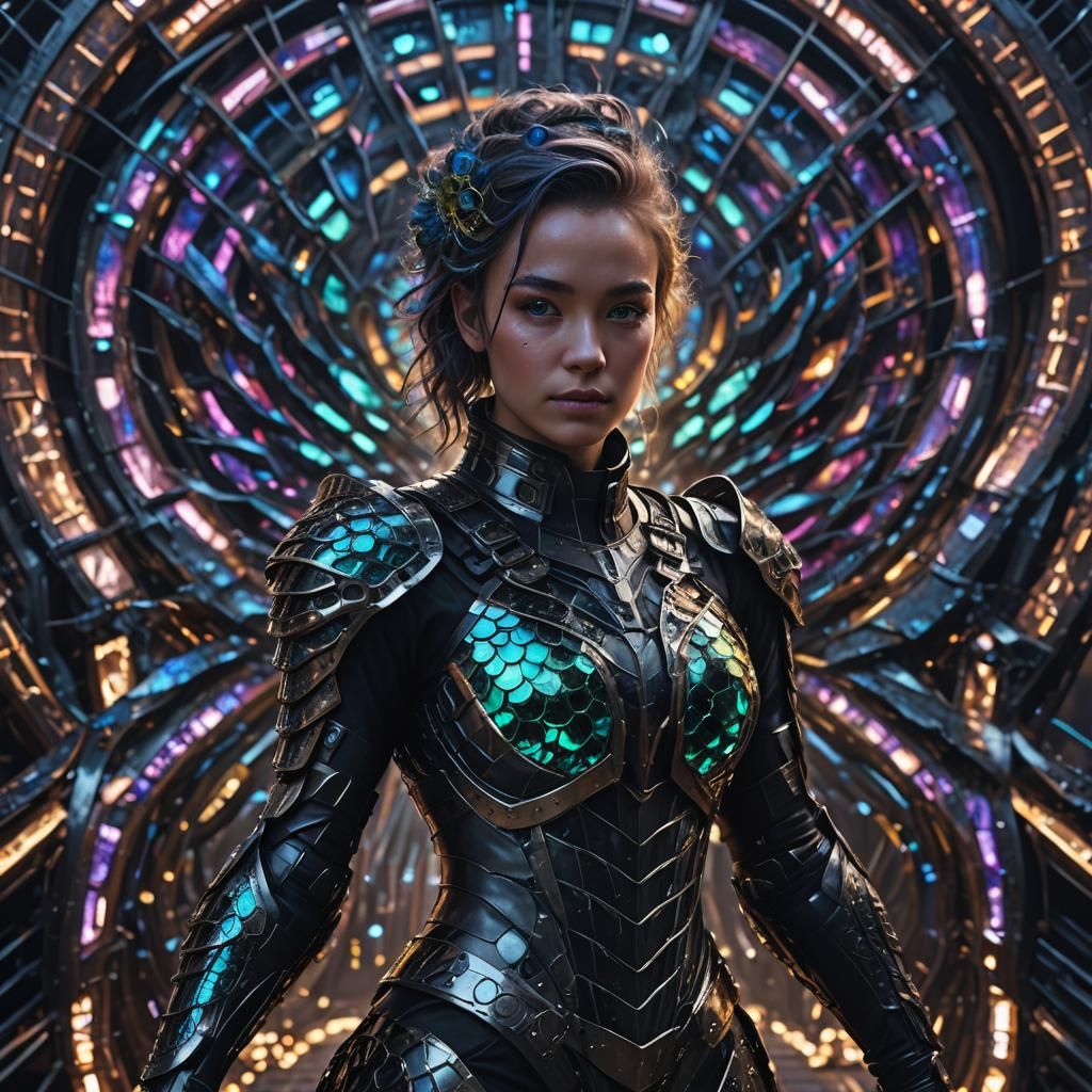 Cyberpunk Woman with Dragonscale Armor and Peacock Hair