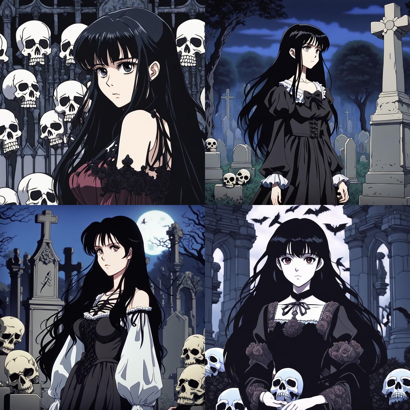 Gothic Anime Girl in Cemetery, Retro Style