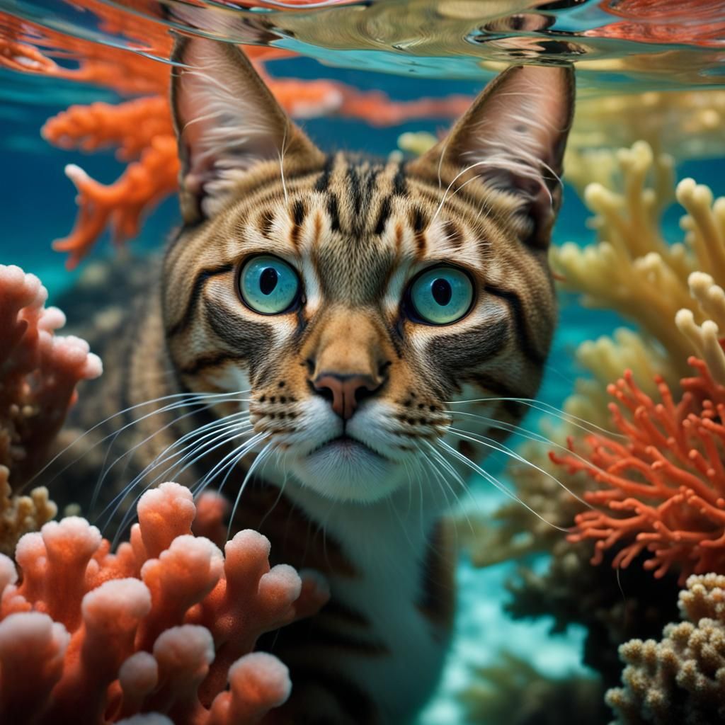 Cat Swimming in Coral Reef: Professional Portrait