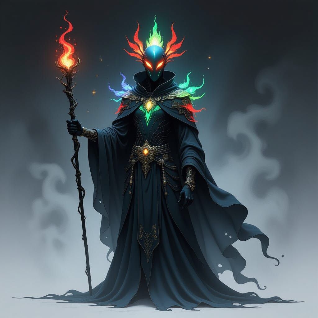 Obsidian Humanoid With Bioluminescent Fronds