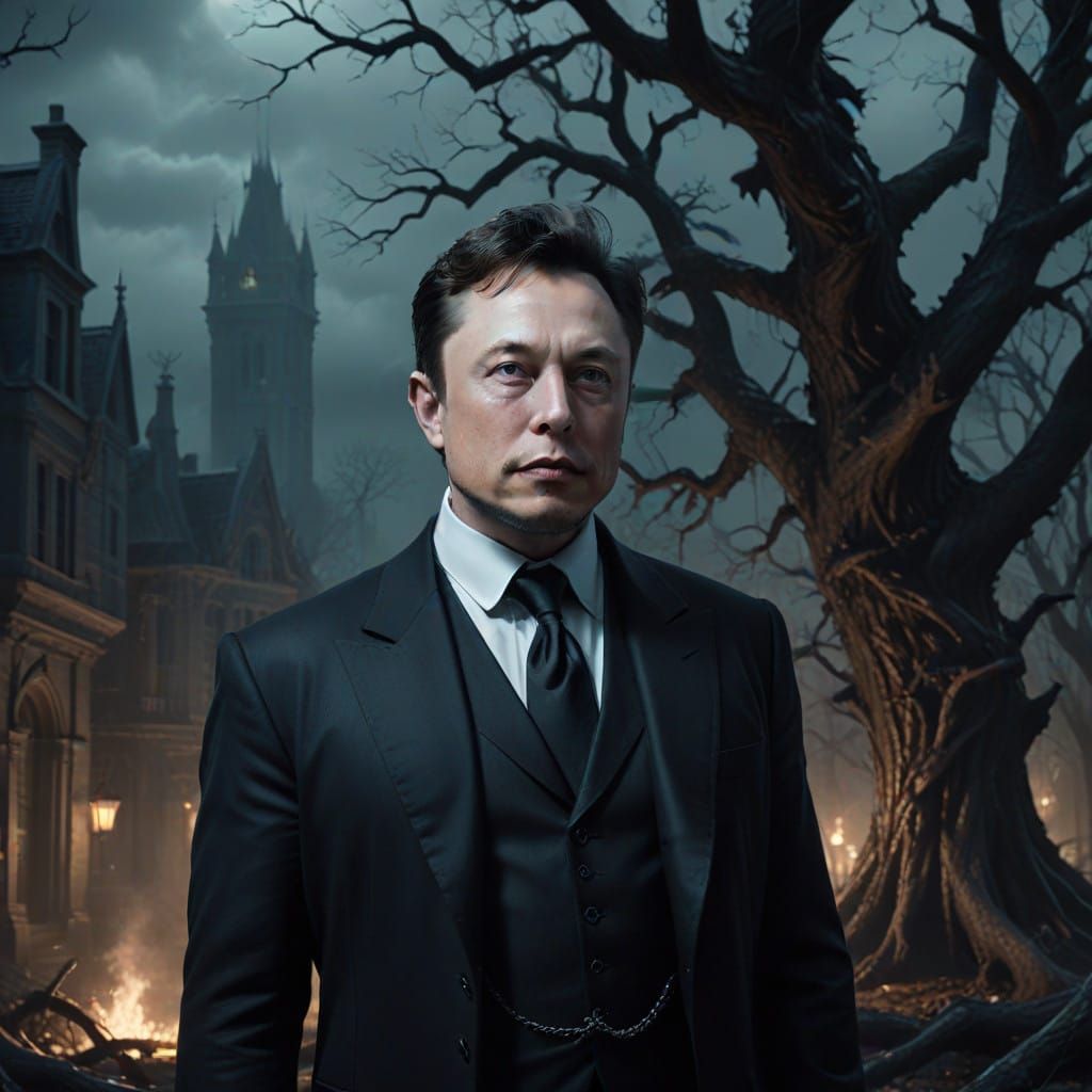 Elon Musk with Dapper, Gothic-Inspired Hairdo in Dark Cyberp...