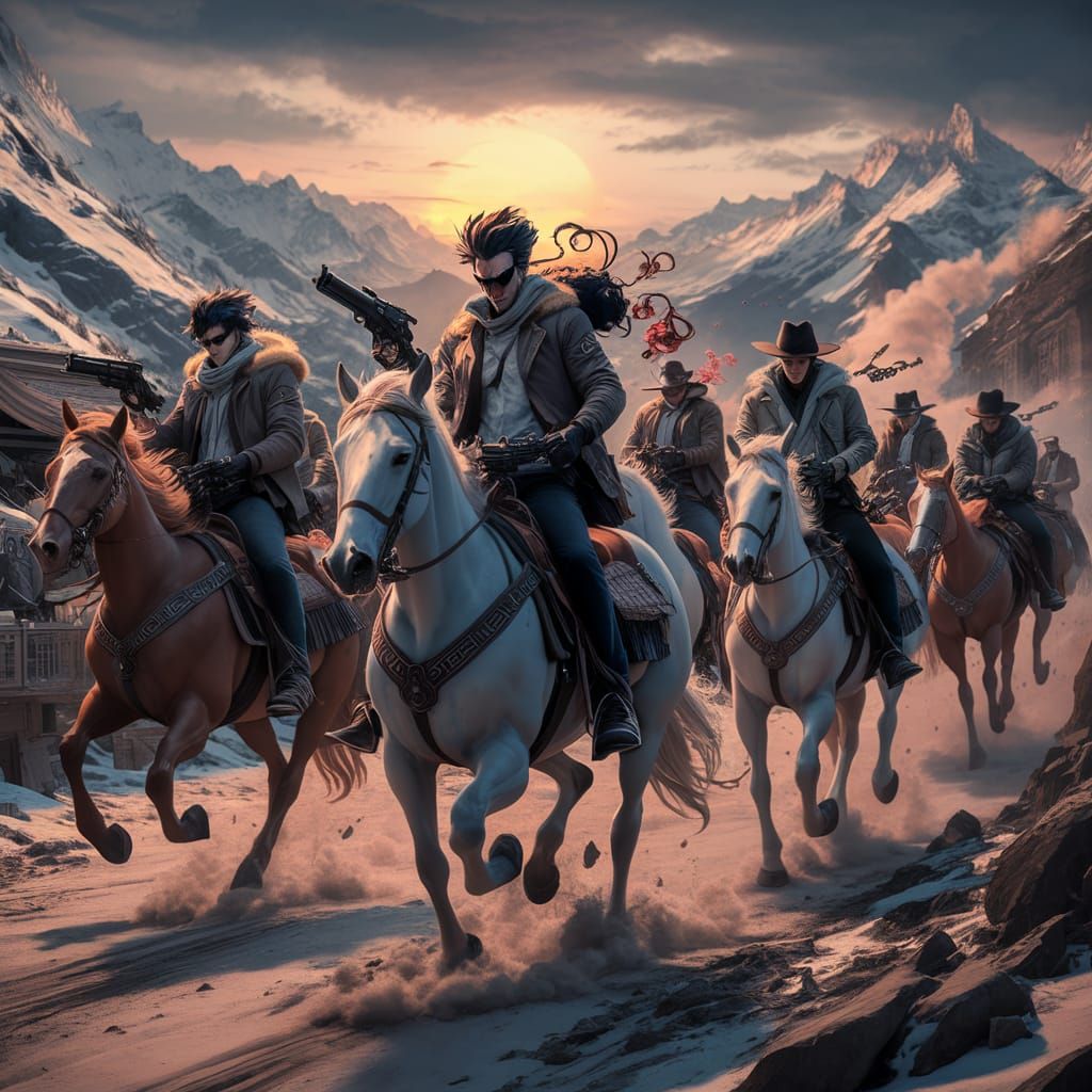 Anime Gunmen Chase Outlaws: 3D Illustration