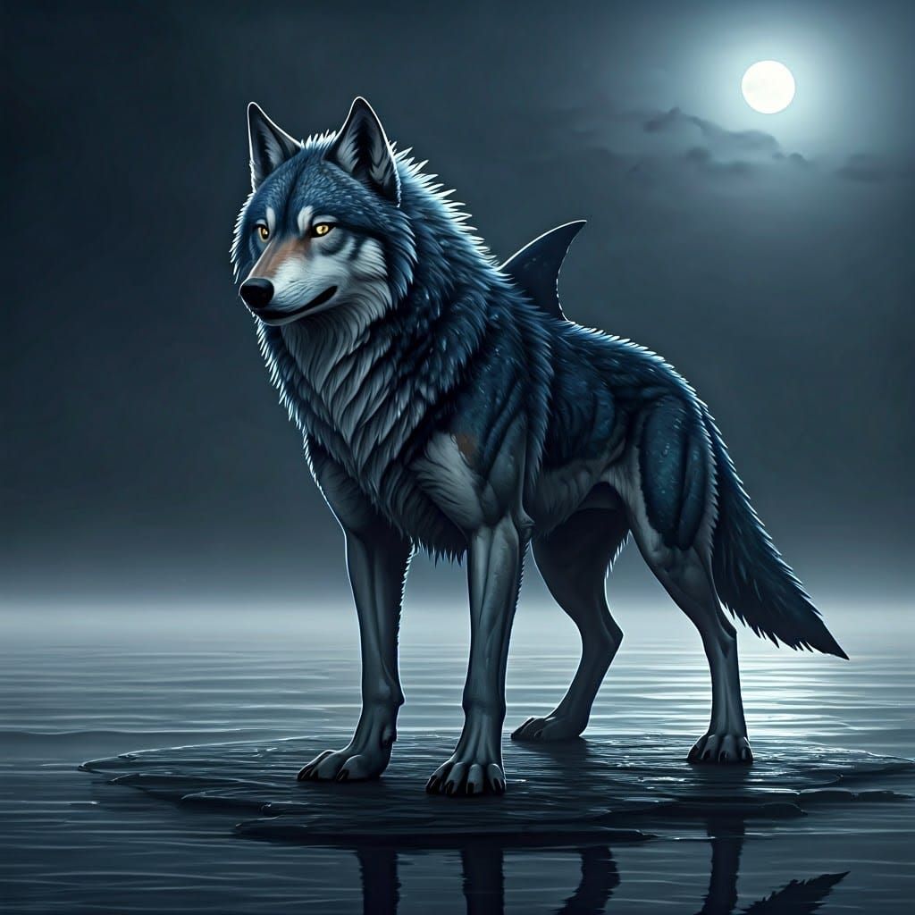 Majestic Megawolf Dominates Moonlit Shoreline in Dark, Muted...
