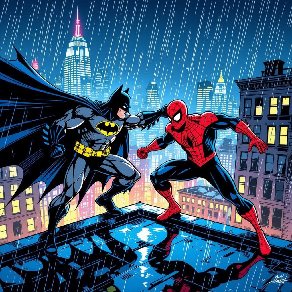 Batman and Spiderman Rooftop Acrobatics in Retro Comic Art S...