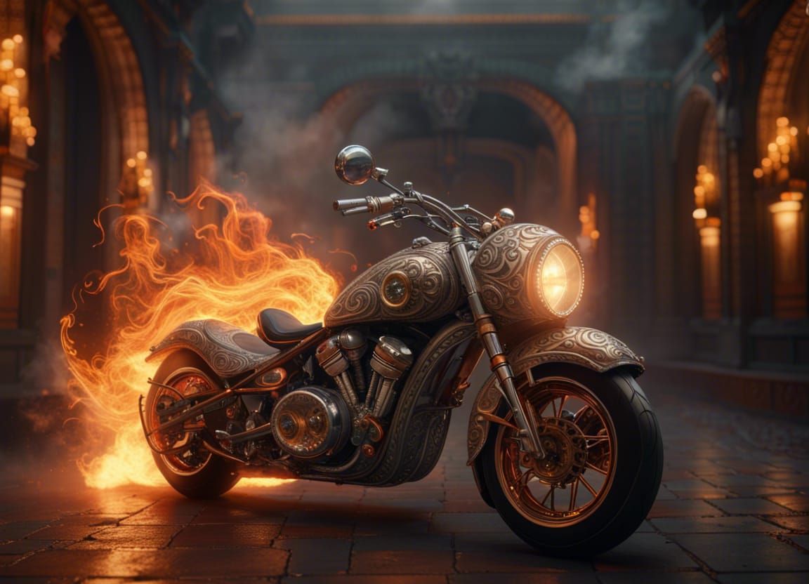 Ornate Motorcycle Bursts Through Swirling Flames
