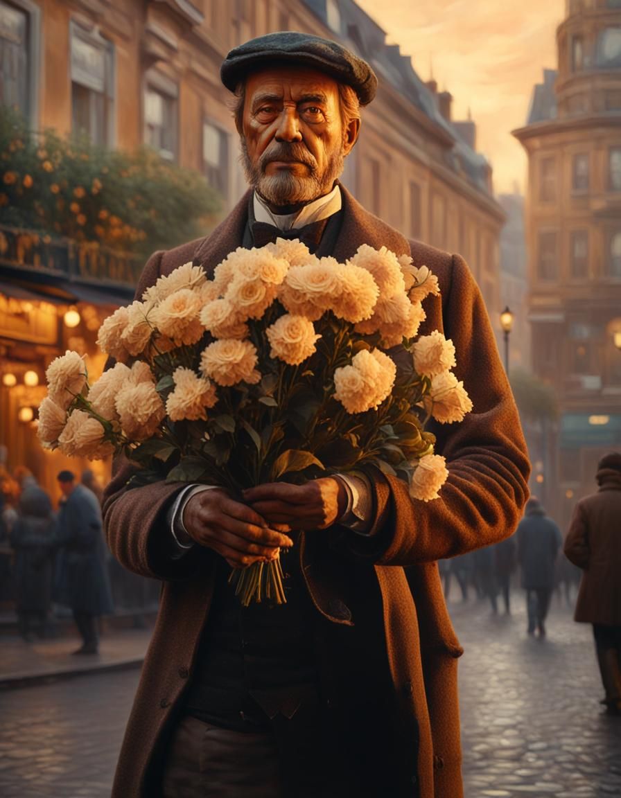 Victorian Man with Flowers: Oil Painting Portrait