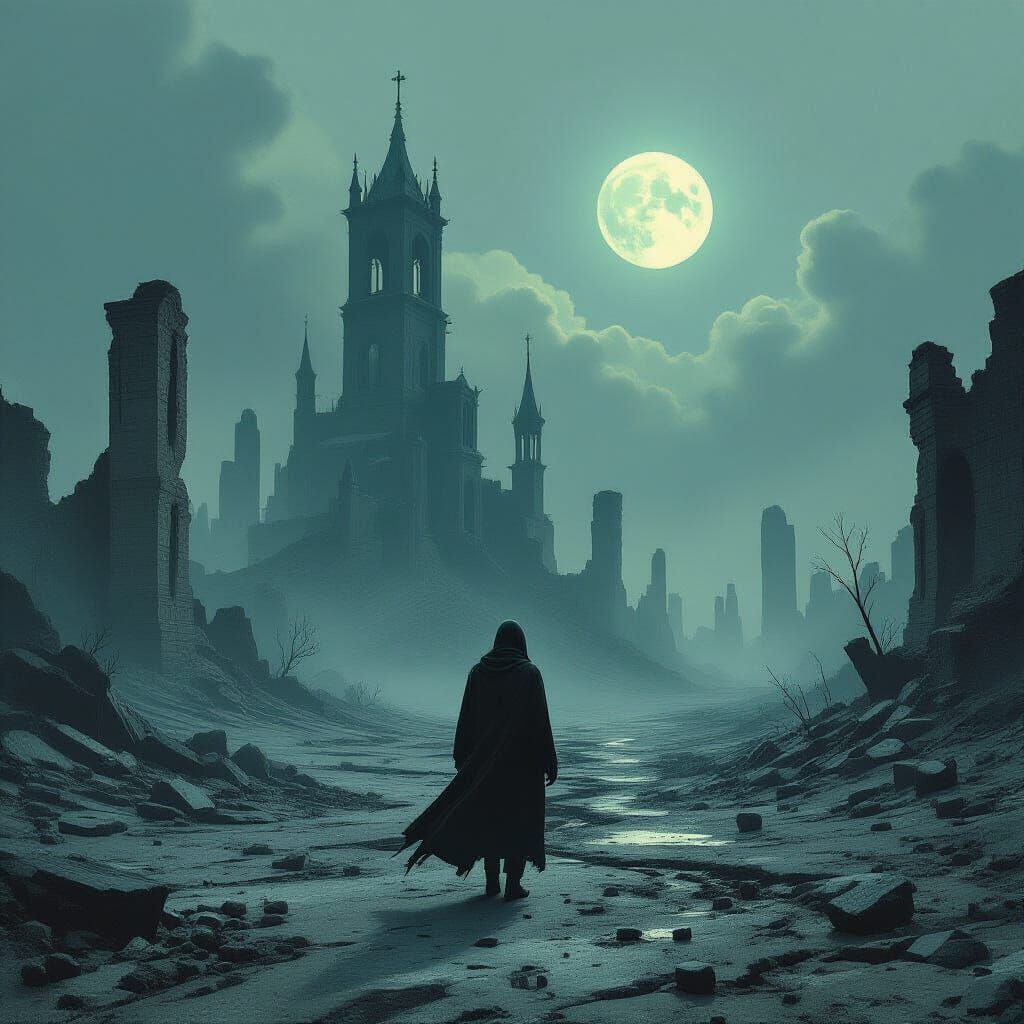 Desolate Figure in Post-Apocalyptic Landscape