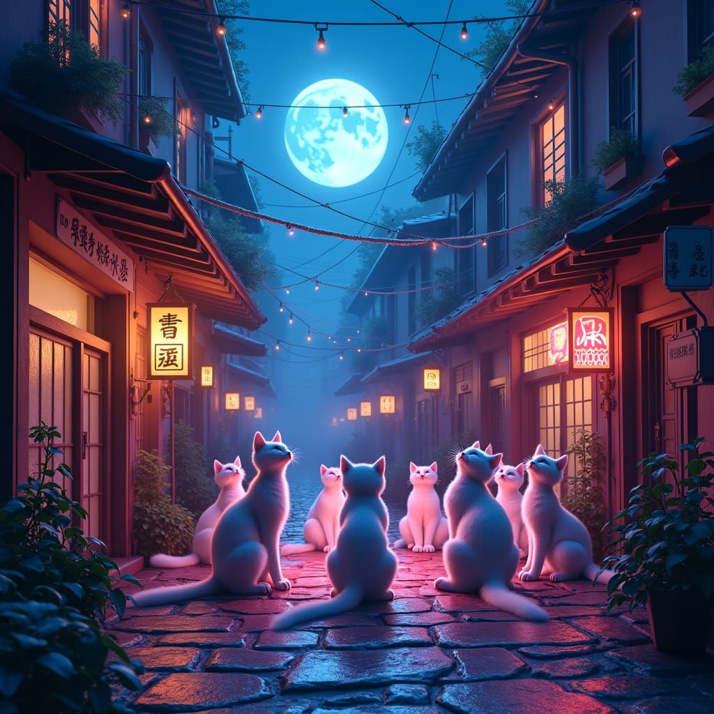 Neon Alley Cats' Moonlit Serenade: Fantasy Concept Art