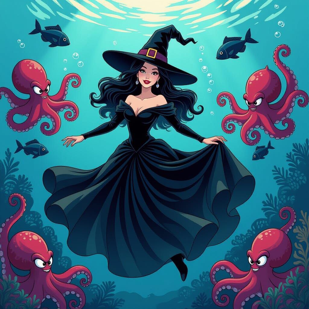 Whimsical Disney Witch with Ursula Octopuses Under the Sea