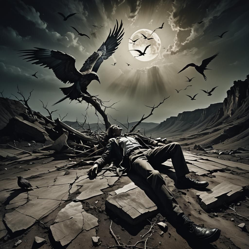 Wounded Figure in Surreal Moonlit Landscape