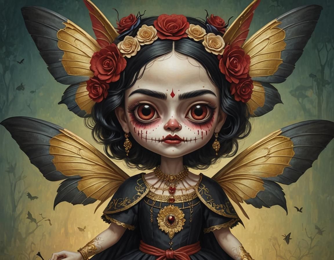 Chibi Winged Frida Kahlo as Mexican Catrina Fairy