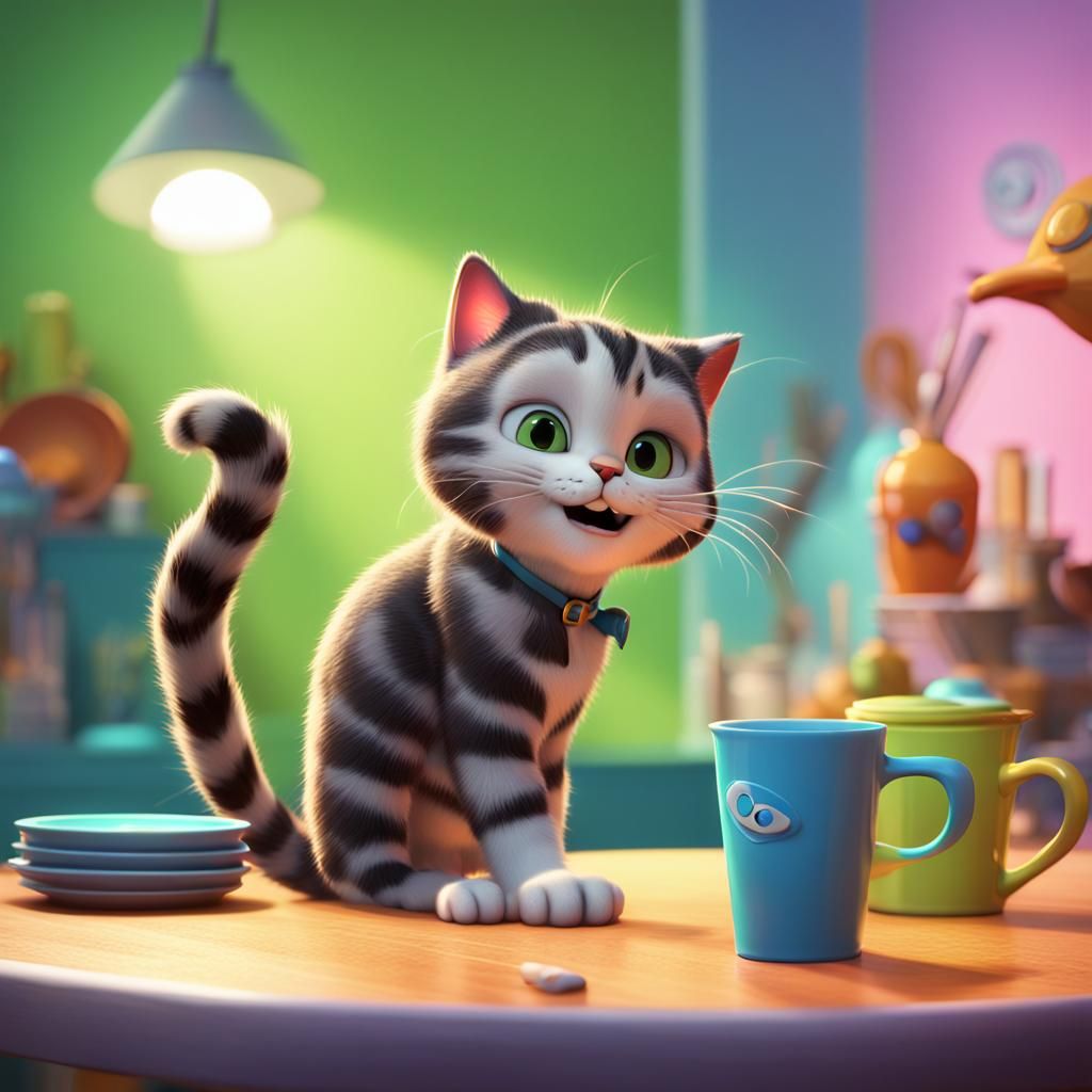 Mischievous Cat Knocks Cup Over: 3D Digital Art