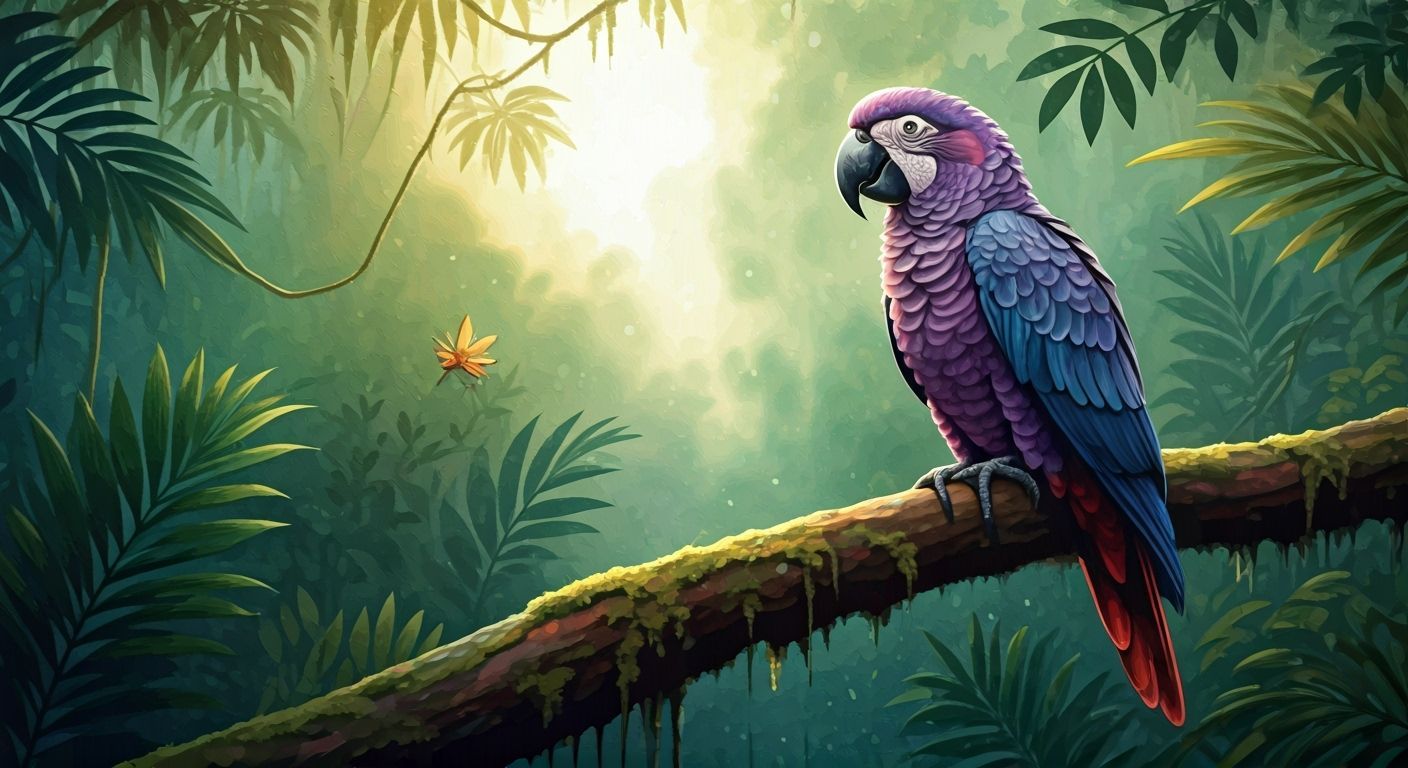 Purple Parrot in Jungle, Watercolor Painting