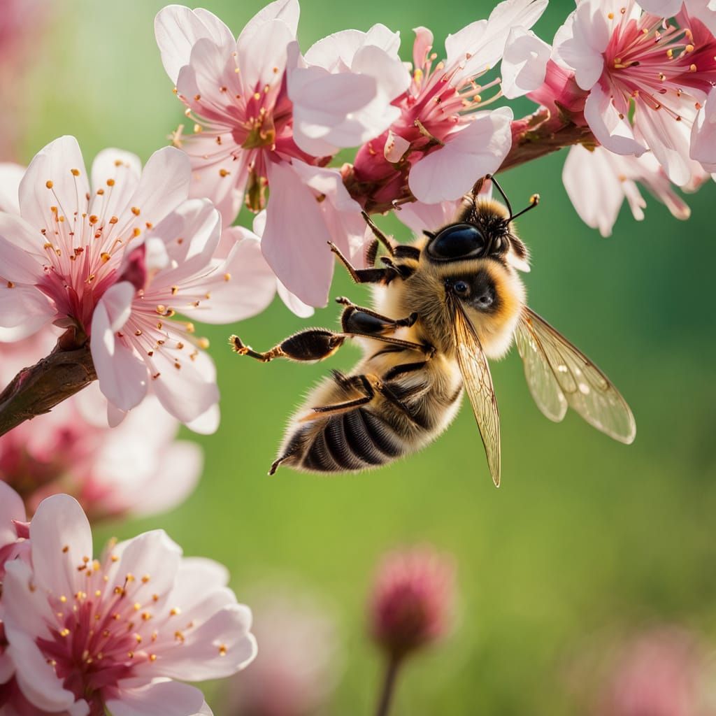 Bee Amidst Cherry Blossoms in Vibrant, Hyper-Realistic Style