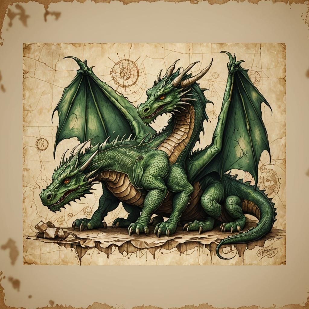 Hyper-Realistic Green Dragon Technical Drawing
