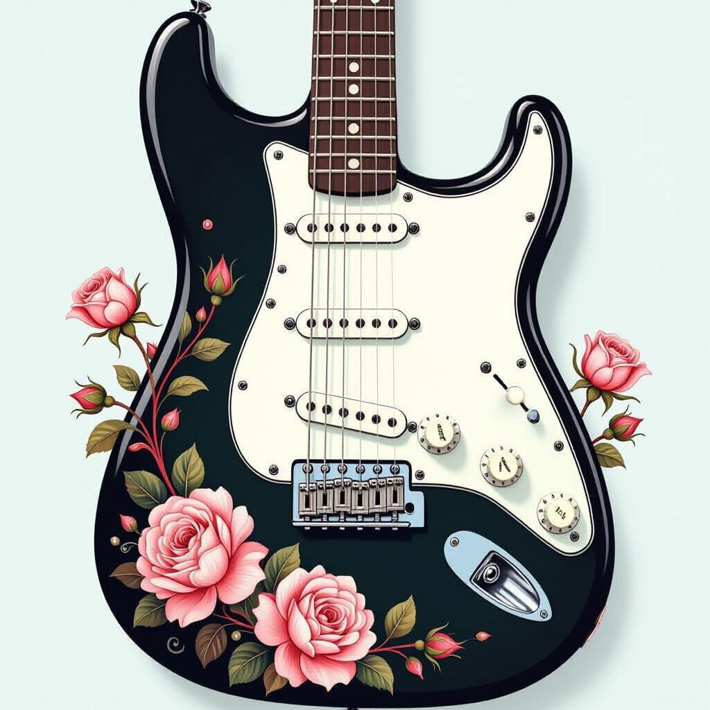 Floral Stratocaster: Intricate Rose Design on Electric Guita...