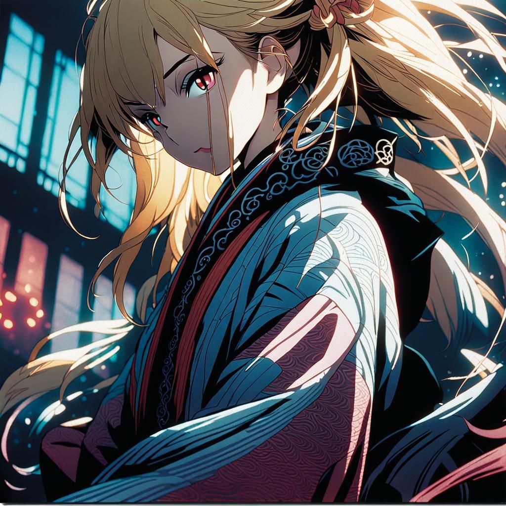 Blonde Anime Girl in Kimono: Cel-Shaded Manga Art