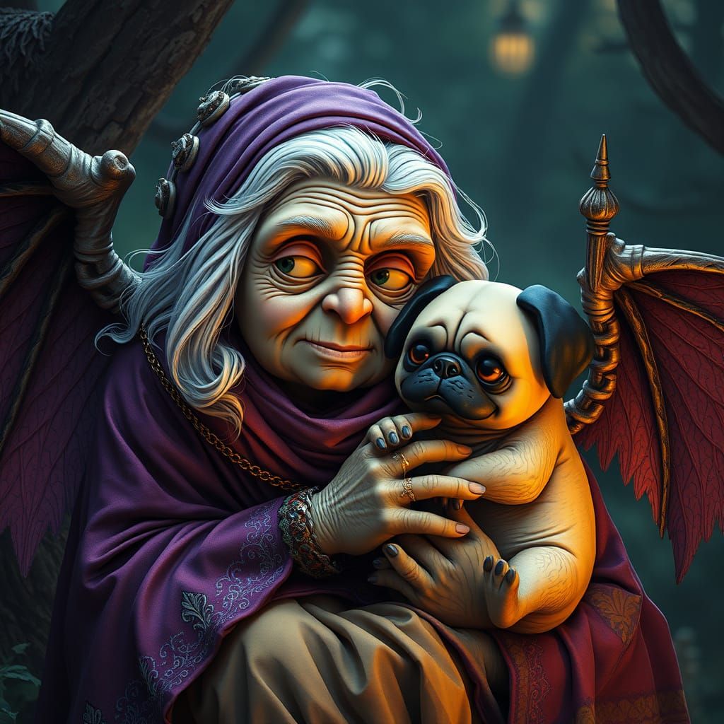 Kawai Granny with chibi pug gargoyle