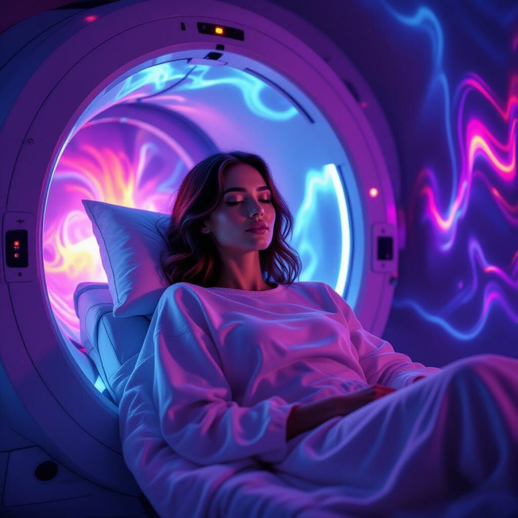 Woman in MRI Machine with Psychedelic Cyberpunk Lights