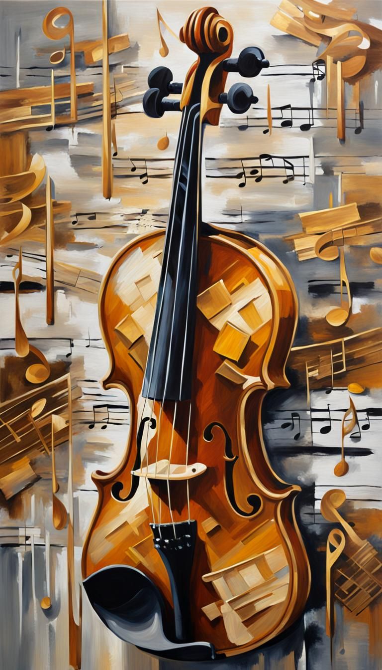 Elegant Violin in Oil Painting with Golden Notes