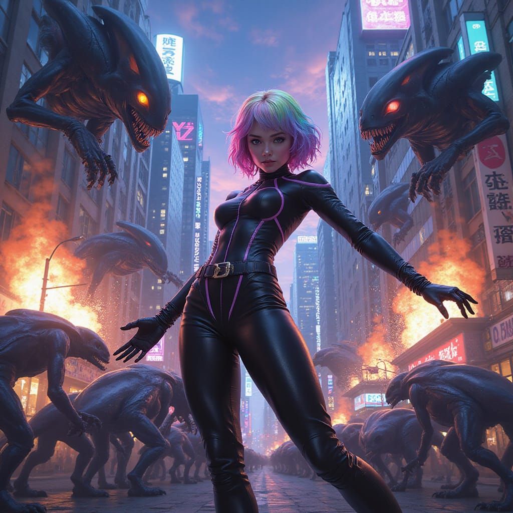 Superheroine vs Aliens in Dystopian 3D Anime Art